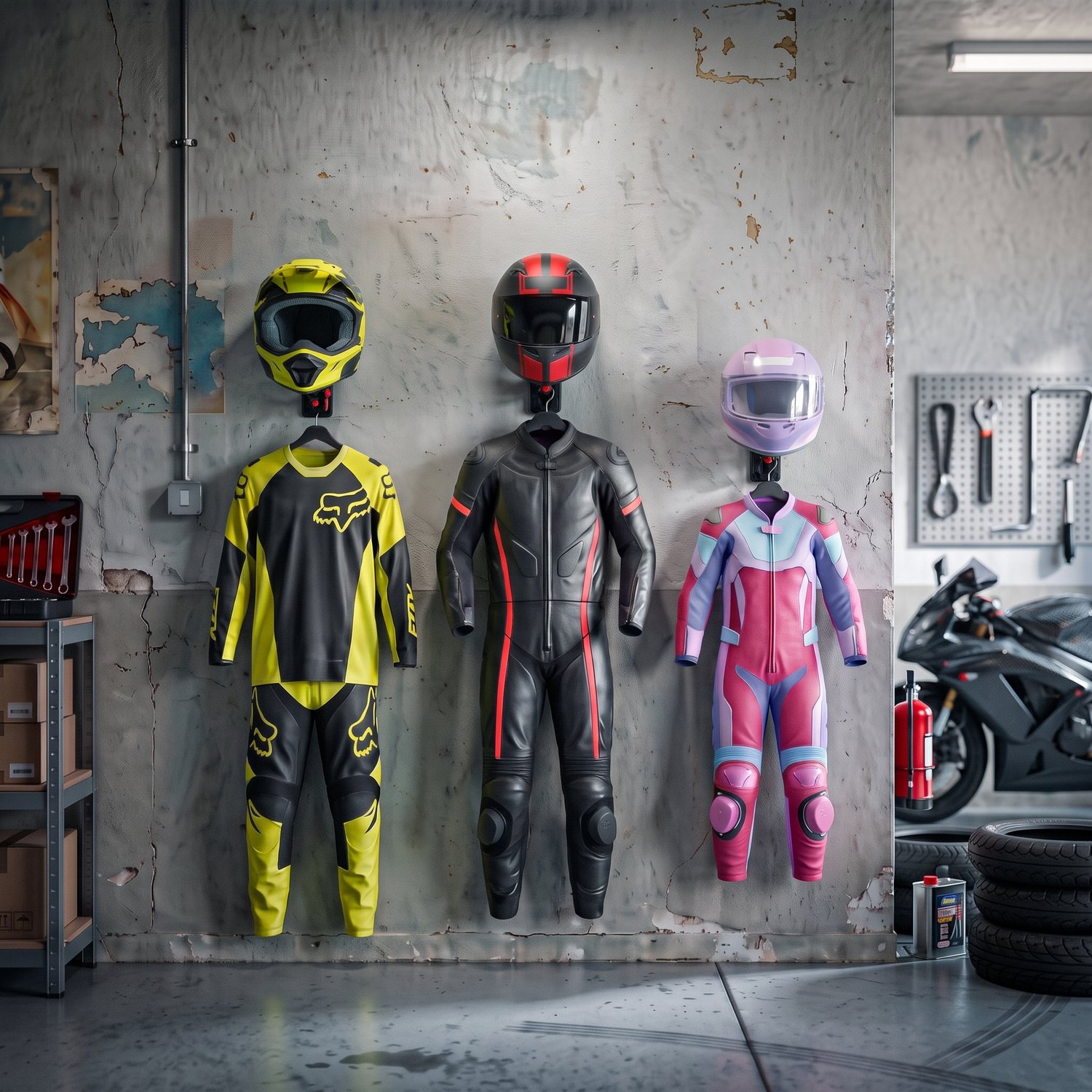 Motocyklowy sprzęt na ścianie