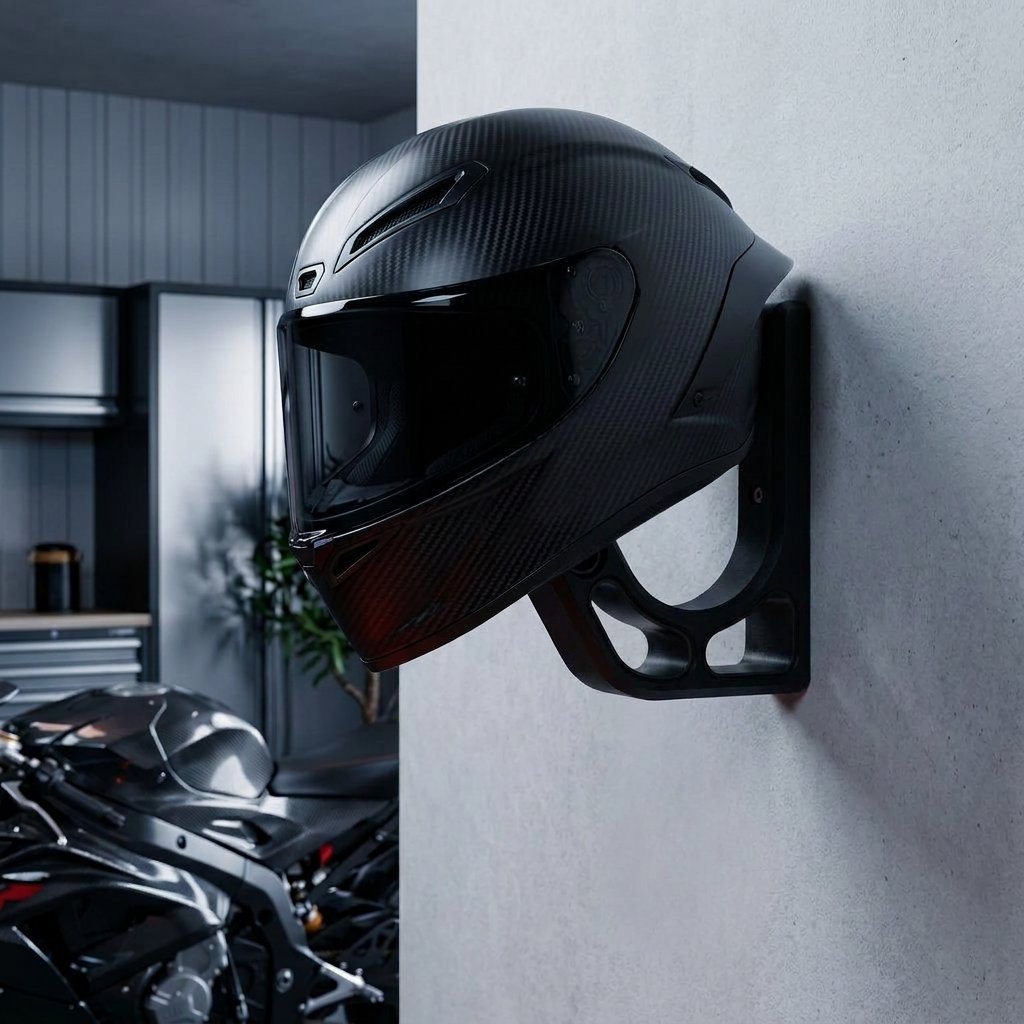 Kask na uchwycie w garażu